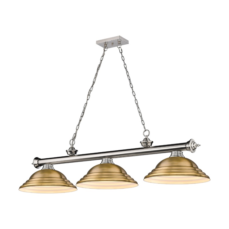Cordon 3-Light Billiard Brushed Nickel Dome Rubbed Brass Steel