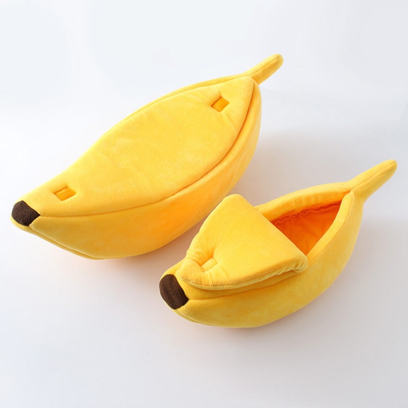 Yellow Cozy Banana Peel Pet Bed – Plush & Warm Cave House for Cats & Small Dogs (Large)