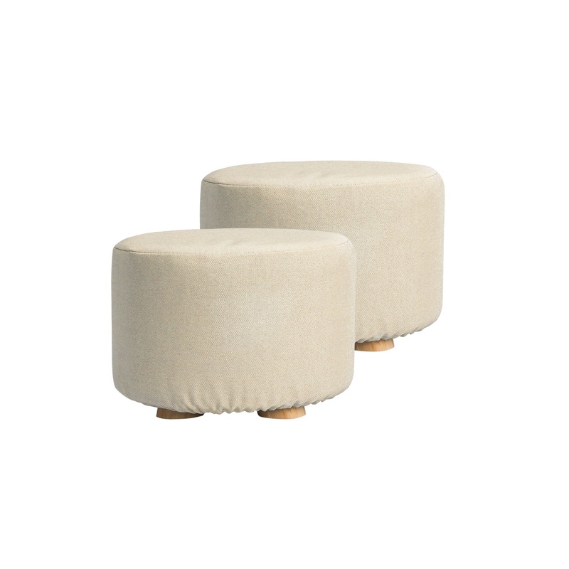 2X Fabric Ottoman Round Wooden Leg Foot Stool – BEIGE