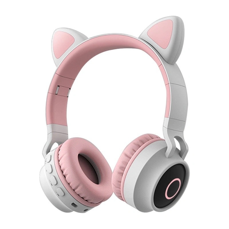 Adorable Cat Ear Wireless Headphones – Bluetooth 5.0, Foldable Design, Glowing RGB LED Lights – Cute Grey  Headset