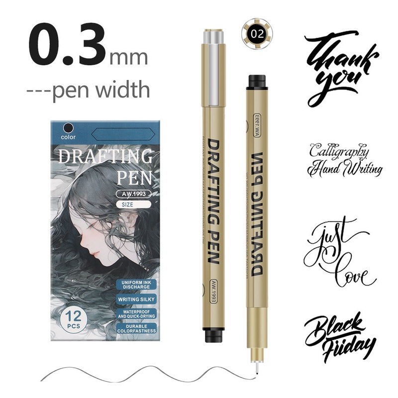 0.35mm 12-Piece Precision Drawing Pen Set – Waterproof Anime Sketching Pens for Students, Assorted Tips