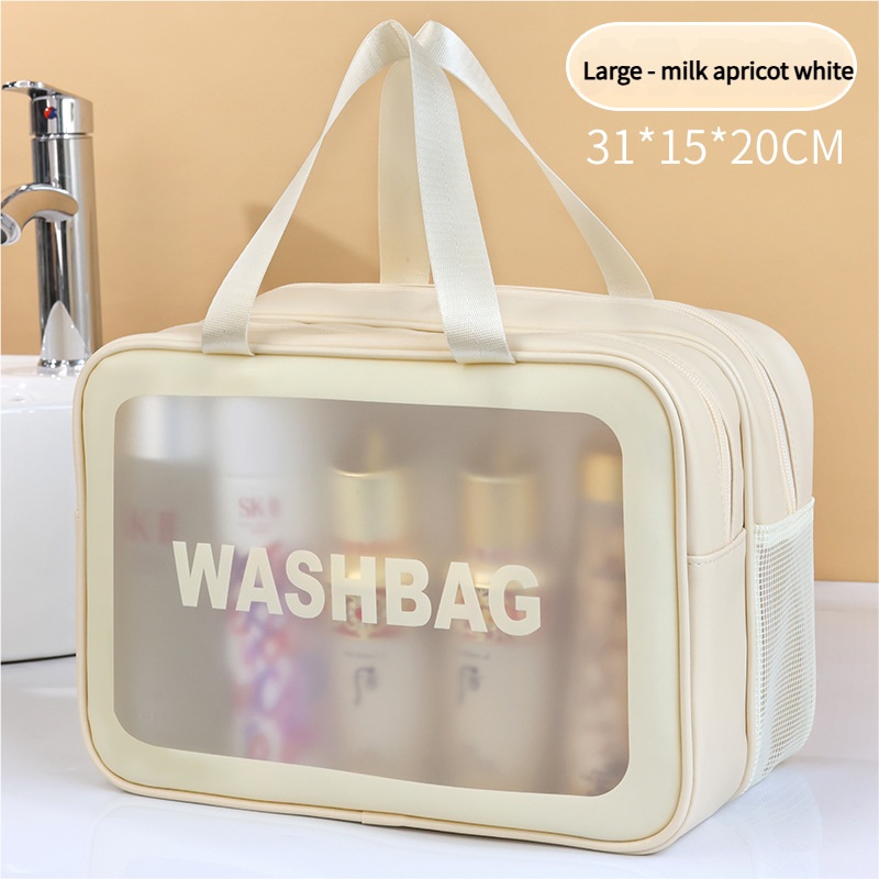 2PCS Dual-Layer Transparent PU Cosmetic Pouch – Wet and Dry Separation, Large size(31*15*20cm)- milk apricot white