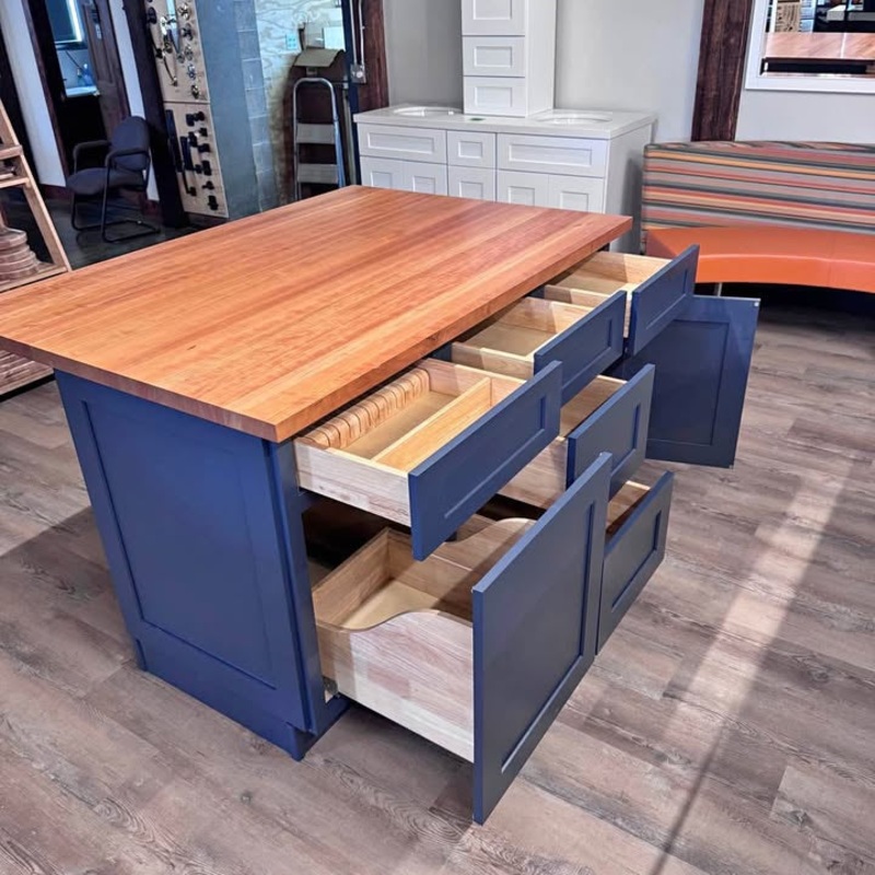 5 Solid Wood Cab-Tech Kitchen ISLAND Navy w/John Boos Cherry Top