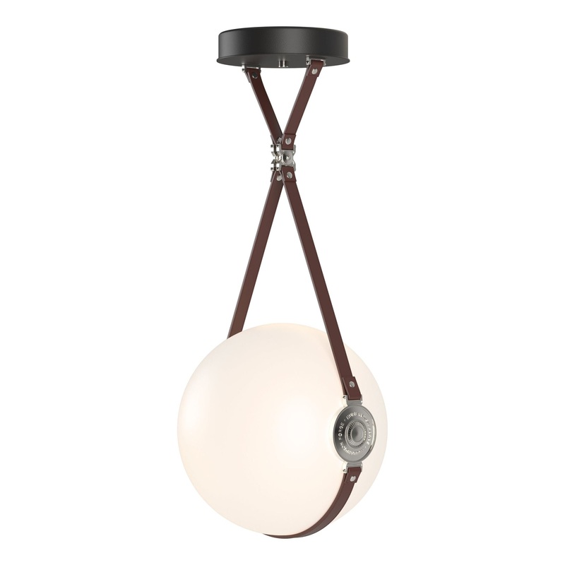 Derby Large LED Pendant Black Polished Nickel with British Brown Leather Hubbardton Forge Branded Plate