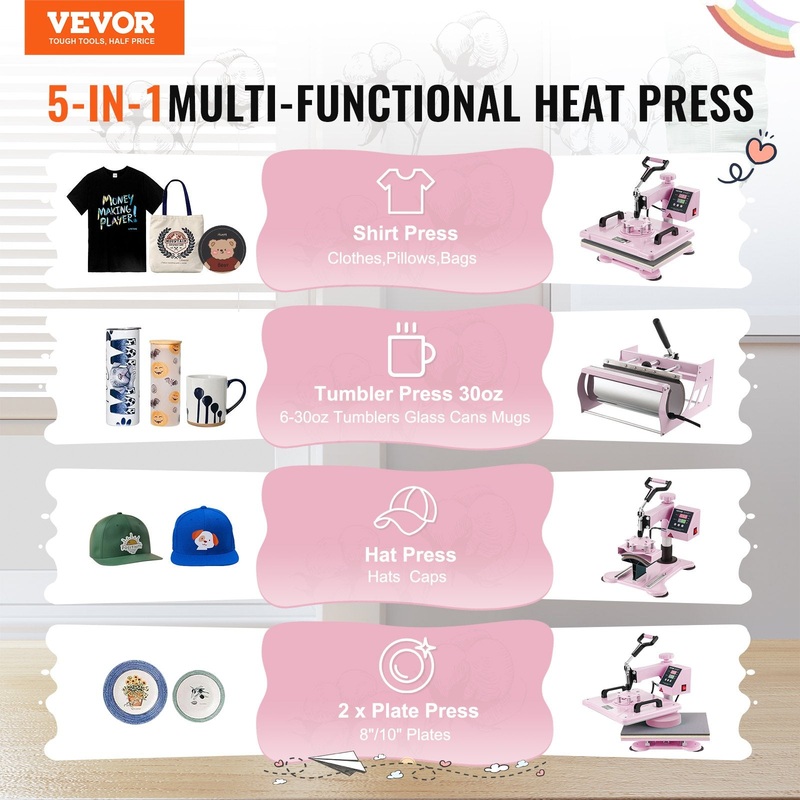 VEVOR Heat Press Machine 12×15 in 5 in 1 with 30oz Tumbler Press T-Shirts Pink