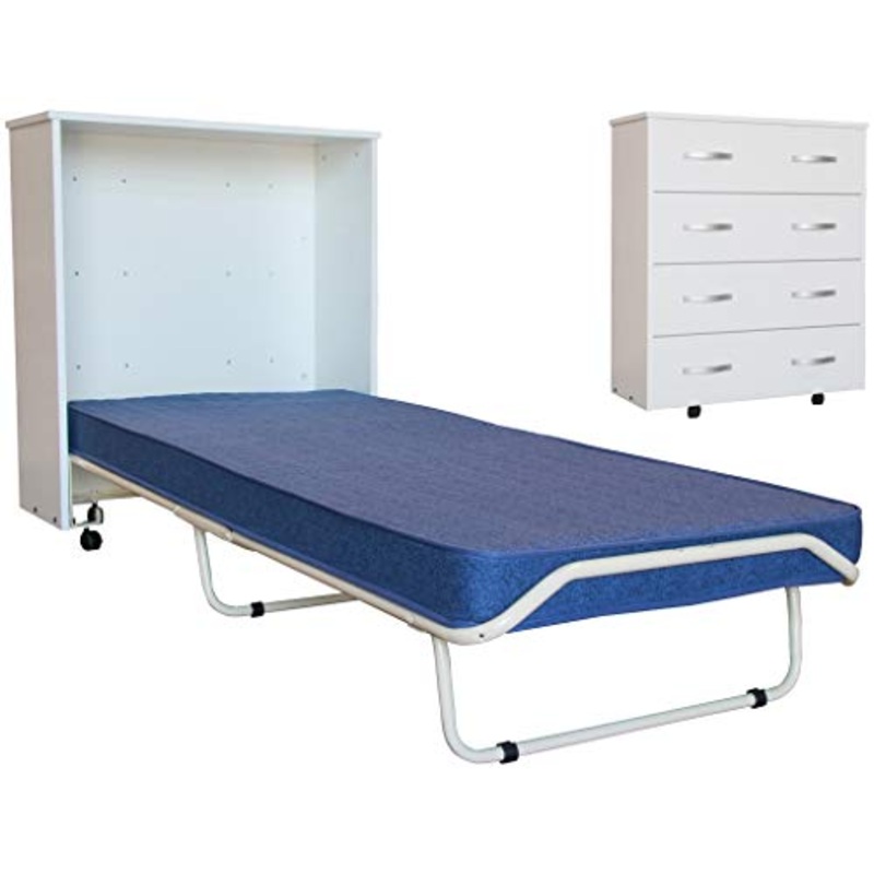 Letto branda brandina lettino pieghevole a scomparsa con testata spalliera mobile bianco in legno ferro antiruggine con 4 ruote e materasso per ospiti casa camera campeggio camerata di emergenza