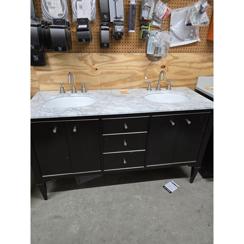 60″ Black Double Bowl Vanity with Marble Top and Brushed Nickel Faucets