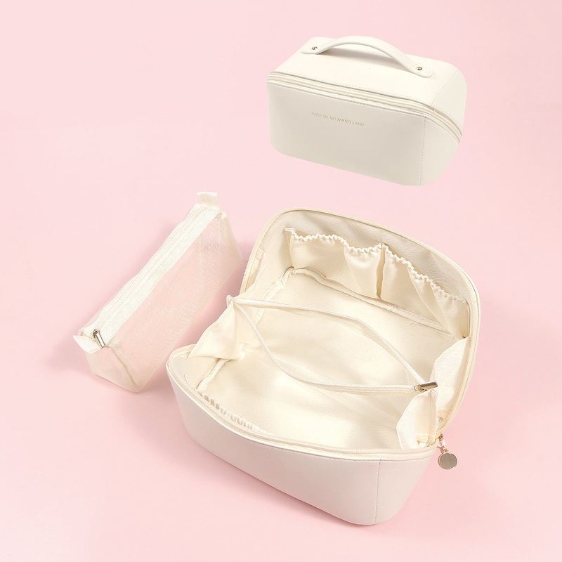 Beige Elegant PU Leather Makeup Bag & Toiletry Organizer with Detachable Mesh Pouch – Large Capacity Travel Cosmetic Case