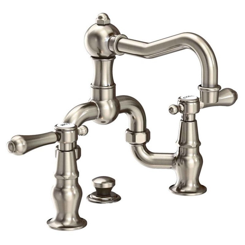 Lavatory Faucet Chesterfield Bridge 8 to 9-3/4 Inch Spread 2 Lever ADA WaterSense Antique Nickel 1.2 Gallons Per Minute Brass Pop Up Spout Reach 7-3/16 Inch