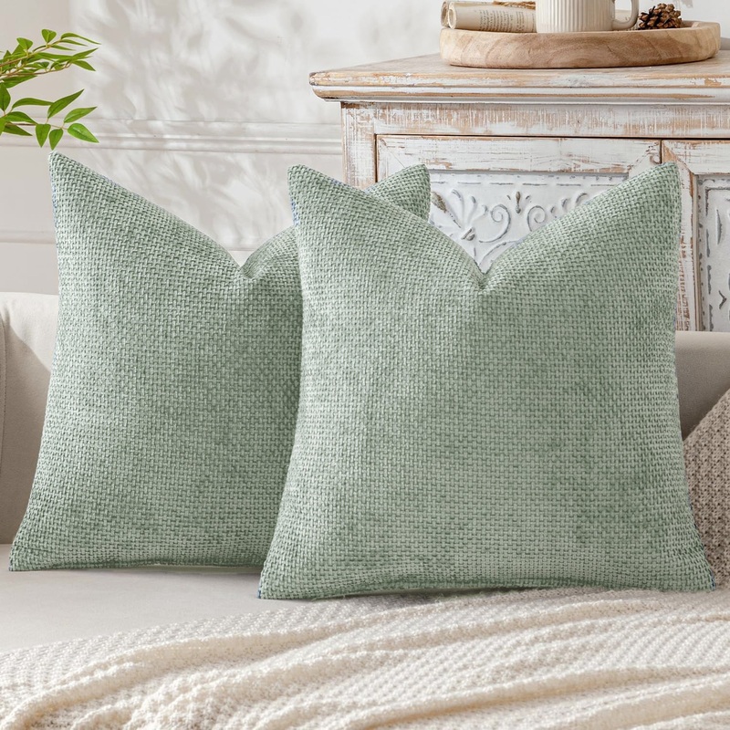 Light Green Plush Chenille Cushion Covers Set of 2 – Soft Textured Decorative Throw Pillow Cases for Sofa Couch, 45x45cm