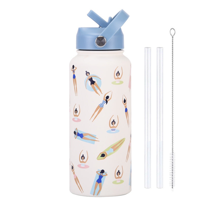 Style 23C White and Blue Vibrant Fun Print 1L Stainless Steel Insulated Water Bottle – 32oz Large Capacity with Straw Lid & Carry Handle – BPA-Free