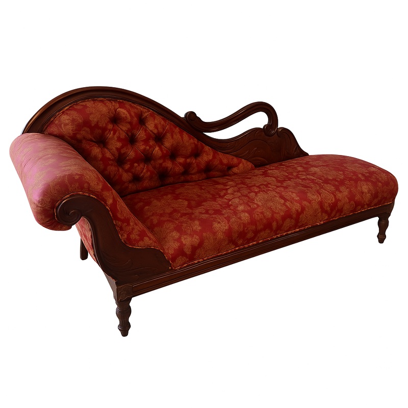 Victorian Tufted Fainting Couch  Carved Wood & Red Damask