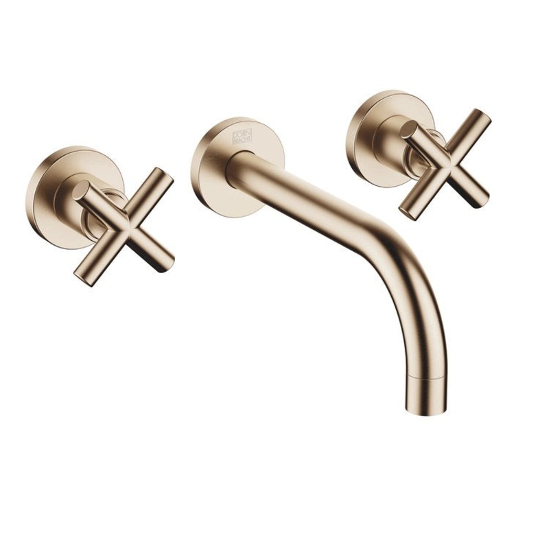 Lavatory Faucet TARA Wall Mount Mixer 2 Cross ADA WaterSense Brushed Champagne 1.2 Gallons per Minute Less Drain 3 Hole