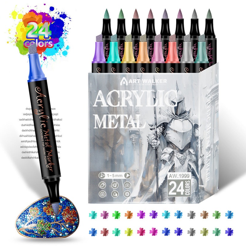 Colorful 24 Colors Dual Tip Metallic Acrylic Paint Pens – Fine Point & Chisel Tip Art Markers for Rock Painting, Crafts, Card Making, Glass