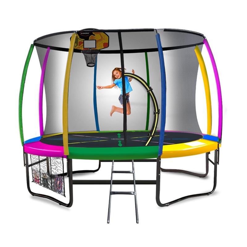 Kahuna 10ft Outdoor Trampoline Kids Children With Safety Enclosure Pad Mat Ladder Basketball Hoop Set – Rainbow