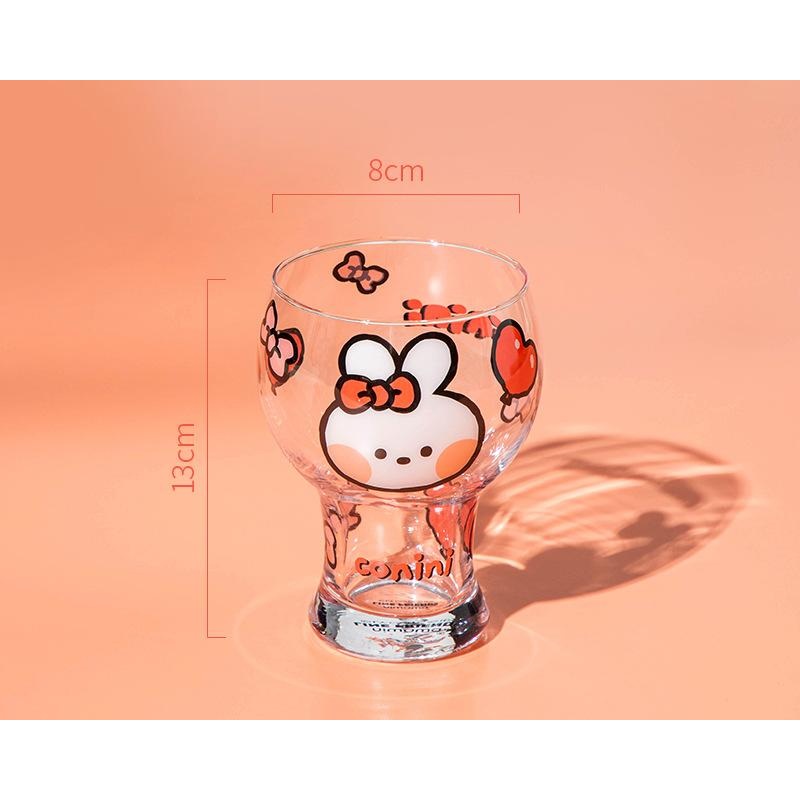 Mini Cartoon Glass Tumbler 400ml,Cute Beer and Juice Cup for Cold Drinks(White rabbit)