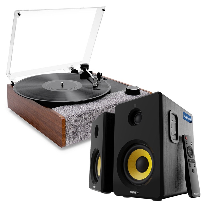 Victrola Eastwood II Turntable – Walnut + Bundled Majority D40X Bluetooth Speakers
