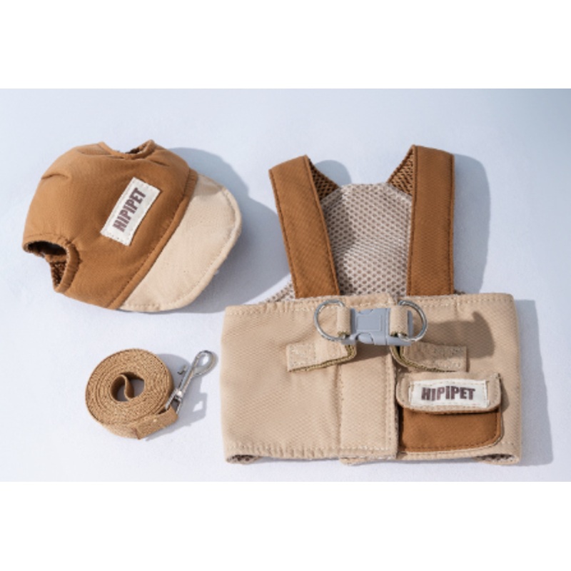 XL Brown Pet Sun Hat with Adjustable Strap + Leash & Harness 3-Piece Set – Breathable Summer Cap for Dogs & Cats with Ear Holes