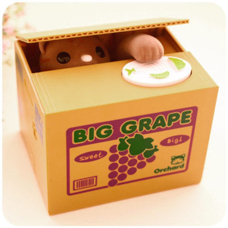 Adorable Cat Stealing Coin Piggy Bank – Automatic Money Saving Box for Kids & Adults(Grape gray cat)