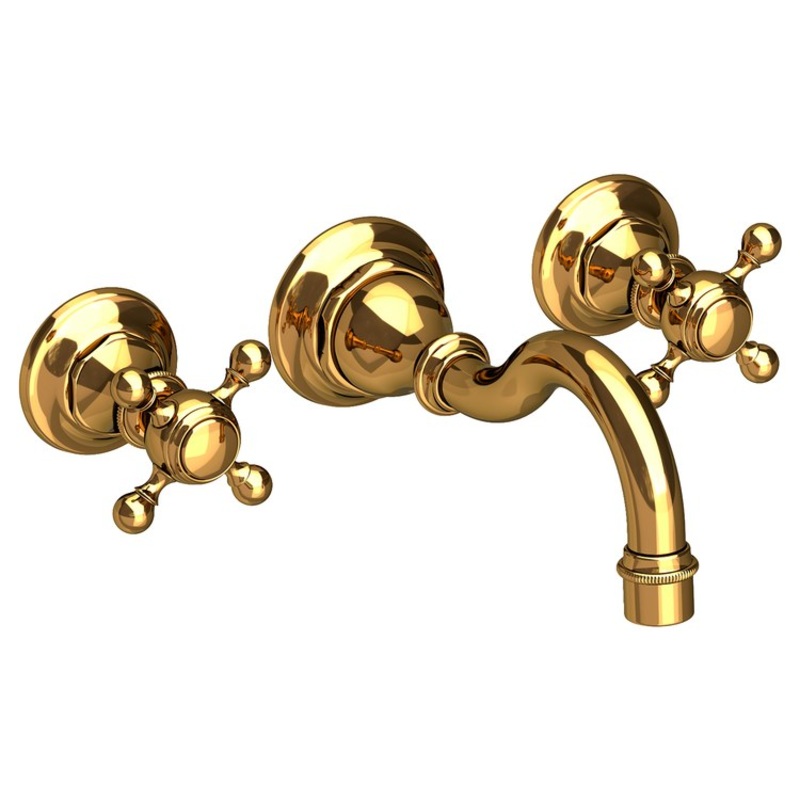Lavatory Faucet Victoria Wall Mount 8 Inch Spread 2 Cross ADA Watersense Polished Gold PVD 1.2 Gallons Per Minute Brass Less Drain Spout Reach 8-1/6 Inch