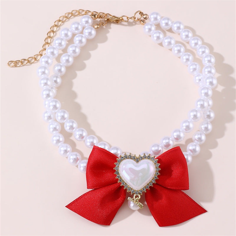 2 – PCS Cute Pet Pearl Necklace Collar with Red Bow and Heart Charm – Size M