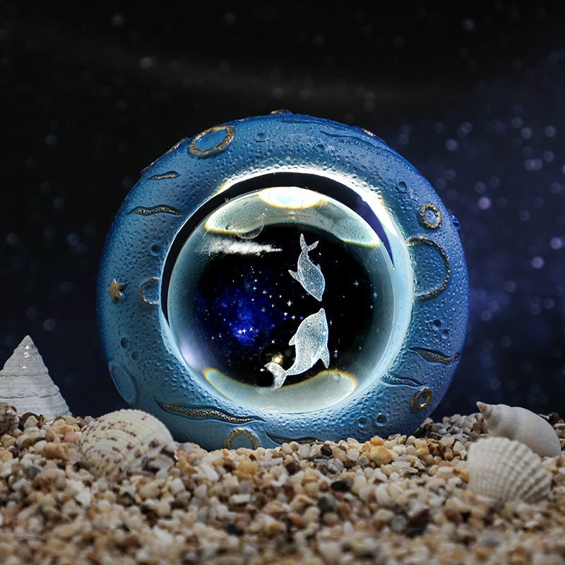 Celestial Ring LED Crystal Ball Lamp – 3D Engraving, Unique Gift (Dolphin companion)