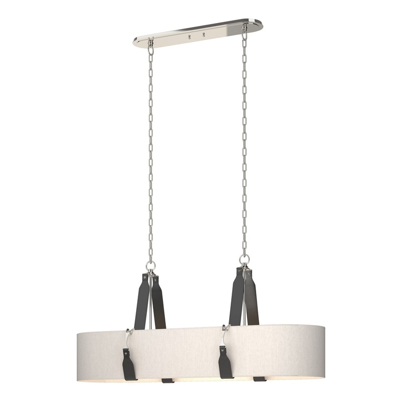 Saratoga Oval Pendant Polished Nickel Black Leather Flax Shade (SE)