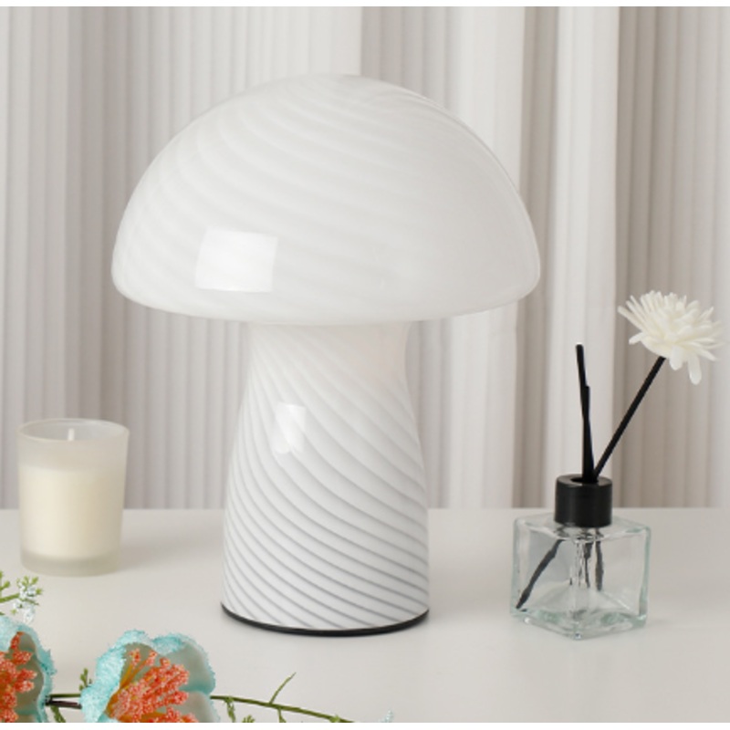 Stripe-Pure White Retro Swirl Glass Mushroom Table Lamp – LED Bedside Night Light