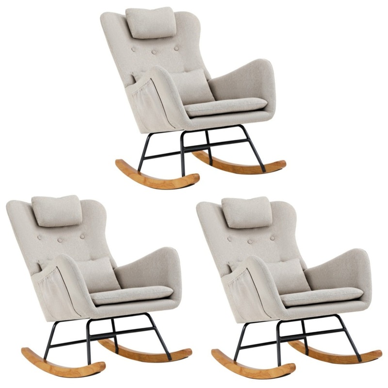 3x Rocking Chair Nursing Armchair Linen 2 Pillow Beige
