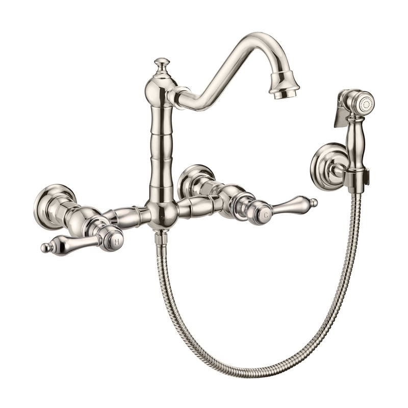 Vintage III Plus Wall Mount Faucet with a  Long Traditional Swivel Spout, Lever Handles and Solid Brass Side Spray
