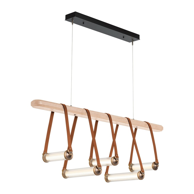 York Linear 5-Light LED Pendant Black Antique Brass with Chestnut Leather Maple Wood