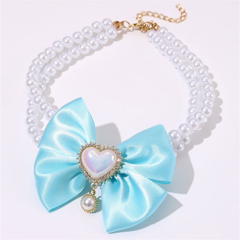 2 – PCS Cute Pet Pearl Necklace Collar with Blue Bow and Heart Charm – Size S