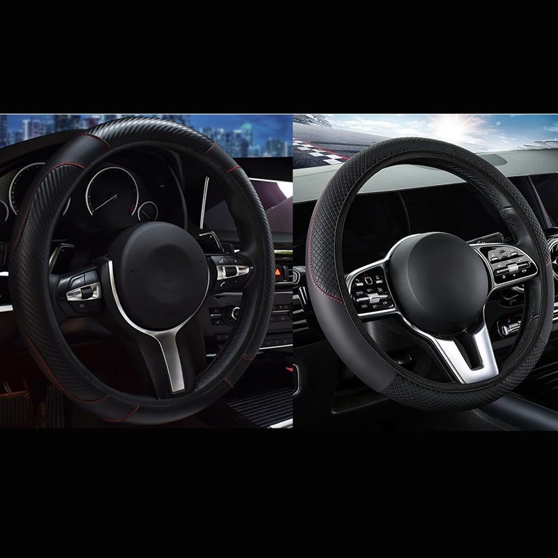 2-Pack (Type A + Type B)Black Sporty Carbon Fiber Leather Steering Wheel Cover – Universal 38cm Easy-Fit Elastic Grip