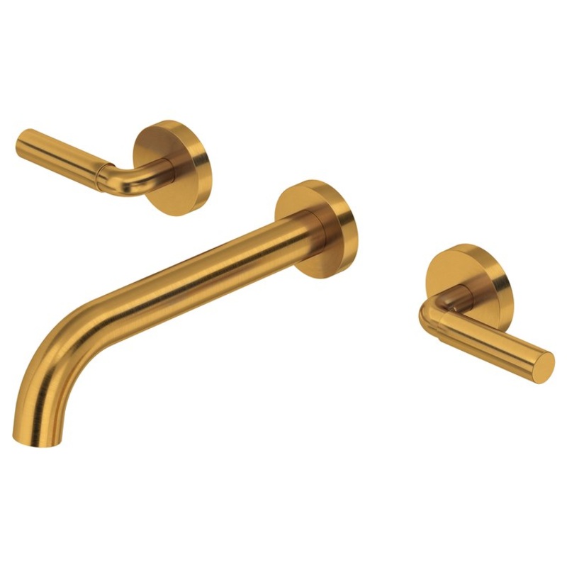 Lavatory Faucet Riu Widespread 8 Inch Spread 3 Lever ADA Watersense Brushed Gold 1.2 Gallons per Minute Wall Mount Less Drain 3 Hole