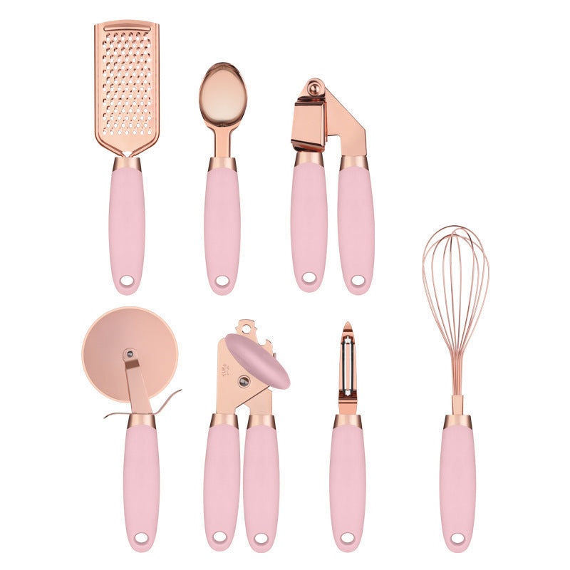 Pink And Rose Gold 7-Piece Kitchen Gadget Set – Stainless Steel Utensils with Comfort Grip Handles