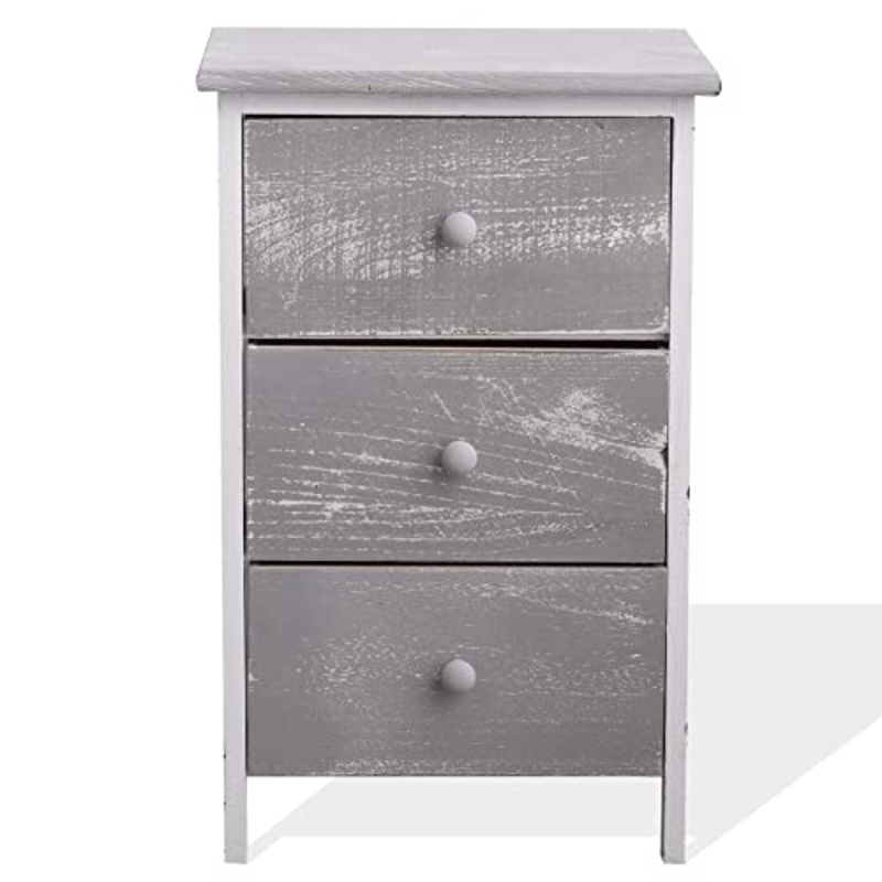 Rebecca Mobili Comodino decapato, cassettiera 3 cassetti, Legno Paulownia, Shabby, Bianco Grigio, Camera Bagno – Misure: 54 x 35 x 30 cm (HxLxP) – Art. RE4302