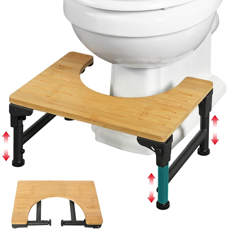 Bamboo Toilet Stool Foldable and Adjustable Height with Non-Slip Layer for Bathroom
