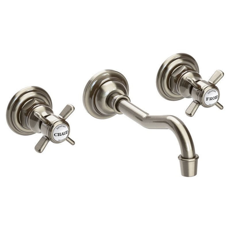 Lavatory Faucet Fairfield Wall Mount 8 Inch Spread 2 Cross ADA WaterSense Antique Nickel 1.2 Gallons per Minute Less Drain 3 Hole