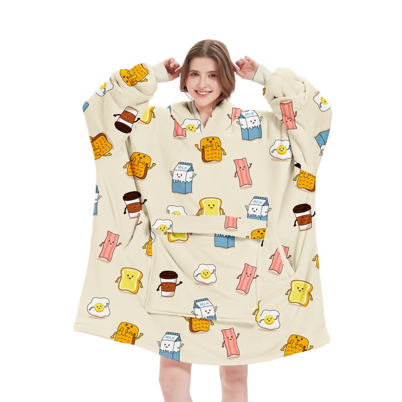 Egg Milk Pattern Oversized Wearable Blanket Hoodie – Ultra Soft & Cozy Snuggle Pullover for Adults