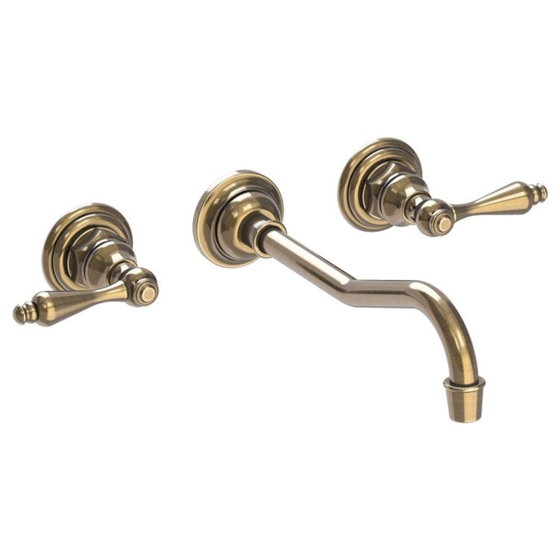 Lavatory Faucet Chesterfield Wall Mount 8 Inch Spread 2 Lever ADA WaterSense Antique Brass 1.2 Gallons Per Minute Brass Less Drain Spout Reach 9-3/4 Inch