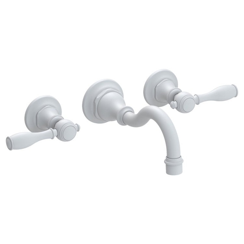 Lavatory Faucet Victoria Wall Mount 8 Inch Spread 2 Lever ADA Watersense Matte White 1.2 Gallons Per Minute Brass Less Drain Spout Reach 7-5/7 Inch