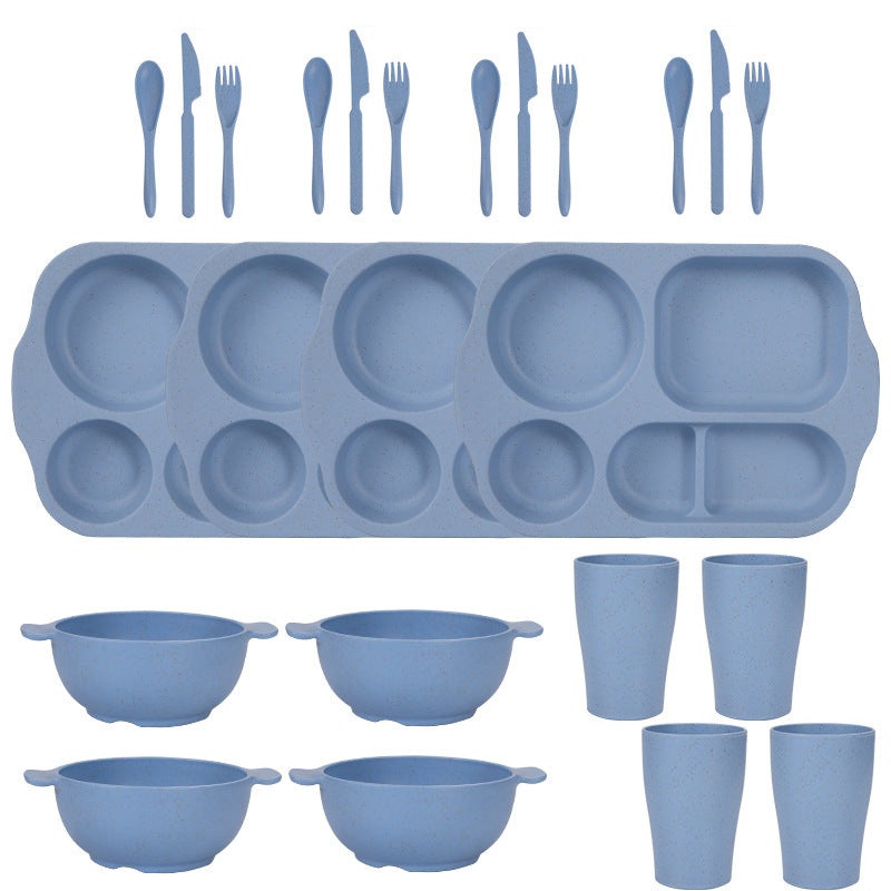 Blue Durable Eco-Friendly Wheat Straw Dinnerware Set – 24 Pieces with Plates, Bowls, Cups & Cutlery