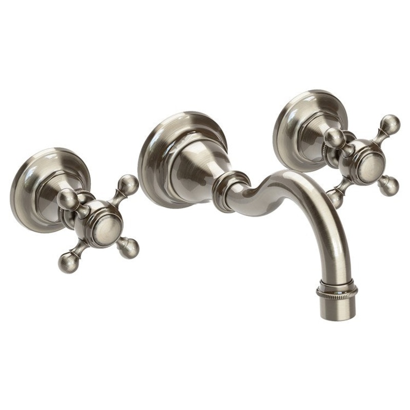 Lavatory Faucet Victoria Wall Mount 8 Inch Spread 2 Cross ADA Watersense Antique Nickel 1.2 Gallons Per Minute Brass Less Drain Spout Reach 8-1/6 Inch