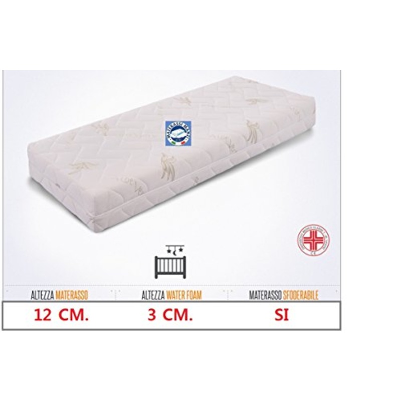 Materasso ideale per culla e lettino mis. 60×125 in Water Foam + Memory Foam 3 cm. antisoffoco, anallergico e con guscio sfoderabile e lavabile in lavatrice 100% Made in Italy ed ortopedico