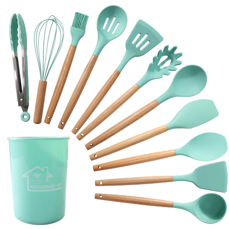 Dark Green 11-Piece Silicone Kitchen Utensil Set with Wooden Handles and Storage Bucket – Heat Resistant and Non-Stick