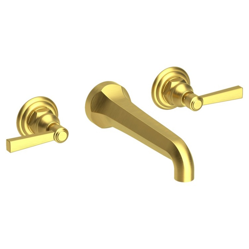 Lavatory Faucet Astor Wall Mount 8 Inch Spread 2 Lever ADA Watersense Satin Brass PVD 1.2 Gallons Per Minute Brass Less Drain Spout Reach 7-1/2 Inch