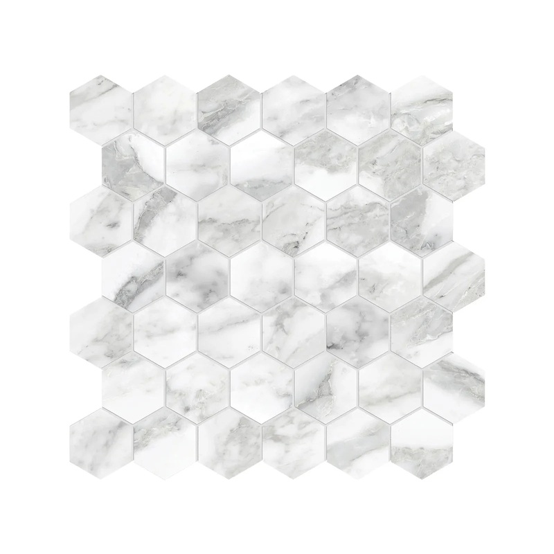 La Marca 2 Inch Hexagon Arabescato Honed Porcelain Mosaics. 1 Sheet = .96 Sq. Ft. 2″