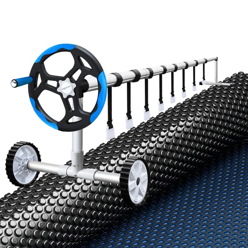 Aqua Buddy Pool Cover 600 Micron 8.5×4.2m w/ Blue Roller 5.55m Black Solar Blanket