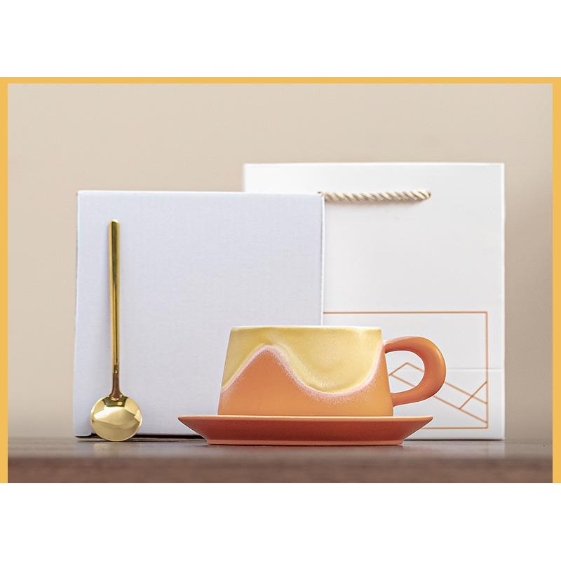 Artistic Ceramic Coffee Cup & Saucer Set with Spoon – Gradient Glaze, 240ml, Gift Boxed(Orange)