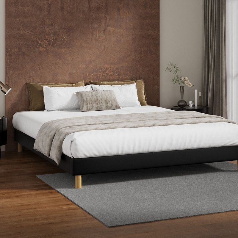 Oikiture Bed Frame King Size Bed Base Black Leather